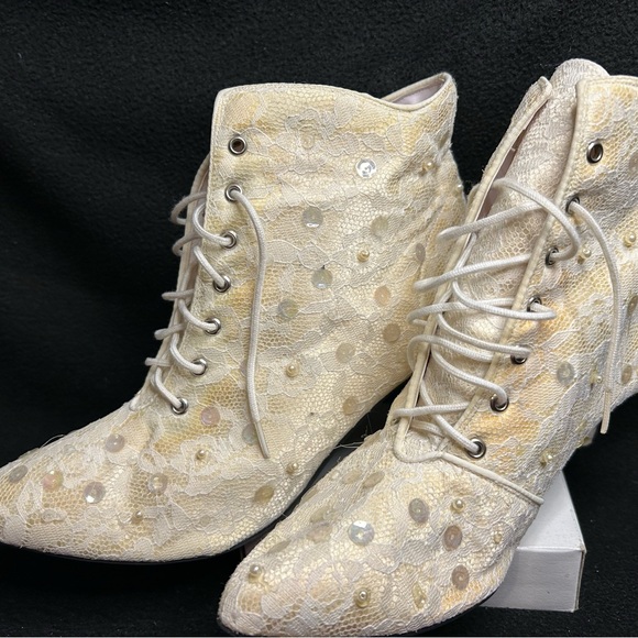Vintage Aphrodite Heeled Bridal Boots with Lace custom hand beaded & sequined. - Picture 3 of 11